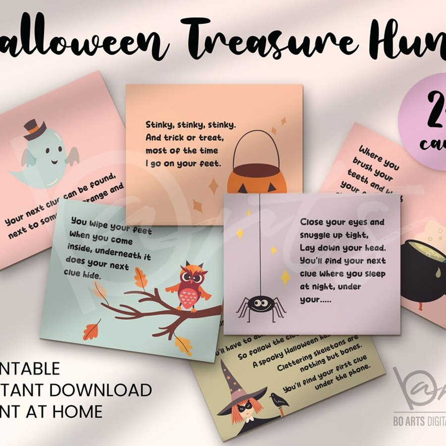 Дизайн на продукт-игра за отпечатване вкъщи "Търсене на съкровища за Хелоуин" + дизайн на рекламен постер