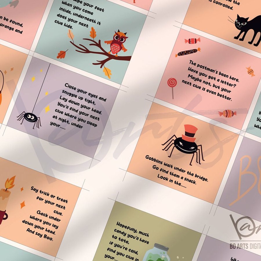 Дизайн на продукт-игра за отпечатване вкъщи "Търсене на съкровища за Хелоуин" + дизайн на рекламен постер