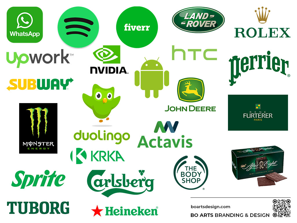 Примери за марки, използващи зелено в логото и брандинга: Rolex, Land Rover, Lacoste, Starbucks, After Eight, The Body Shop, Rene Furterer