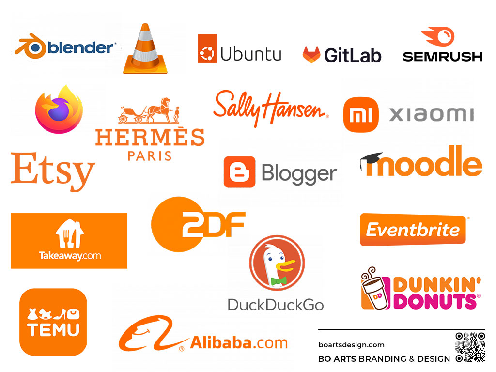 Примери за марки, използващи оранжево в логото и брандинга: Amazon, Nickelodeon, Fanta, SoundCloud, Dunkin’ Donuts, Hermes и др.