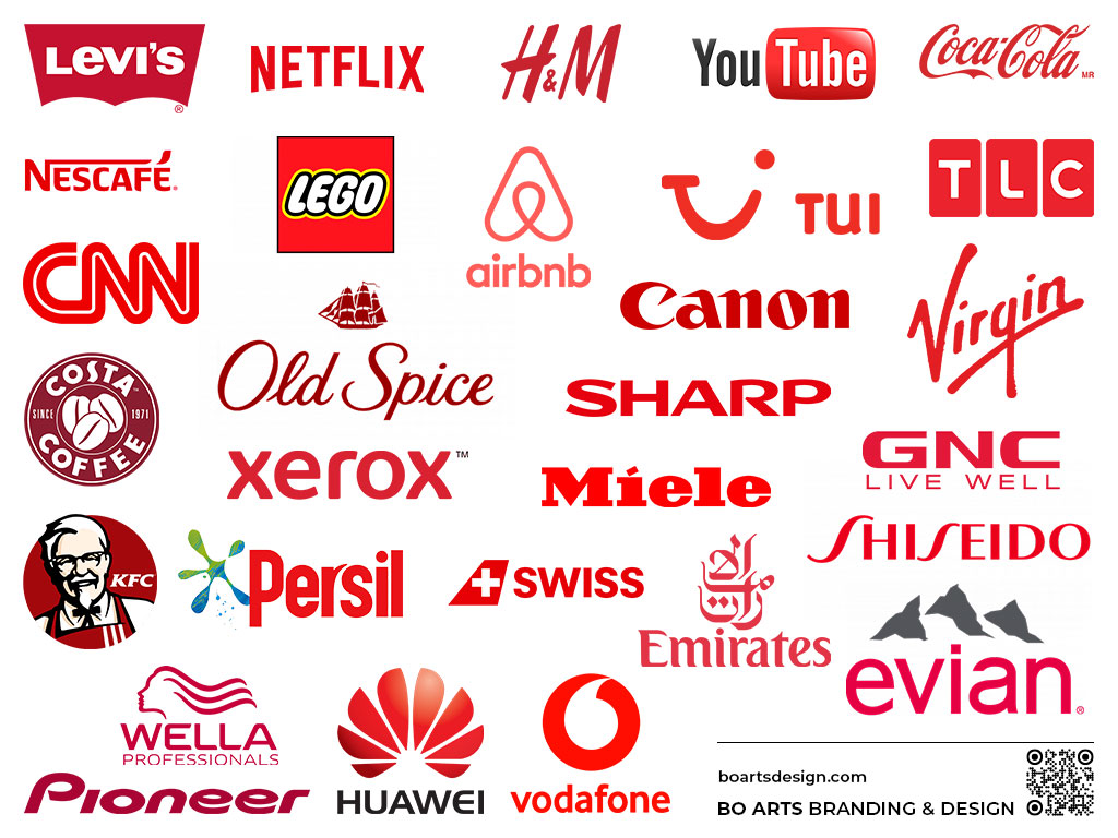 Примери за марки, използващи червено в логото и брандинга: Coca-Cola, Netflix, YouTube, H&M, Nescafe, Levis, KFC, Emirates, Lego, Huawei, airbnb, Nescafe.